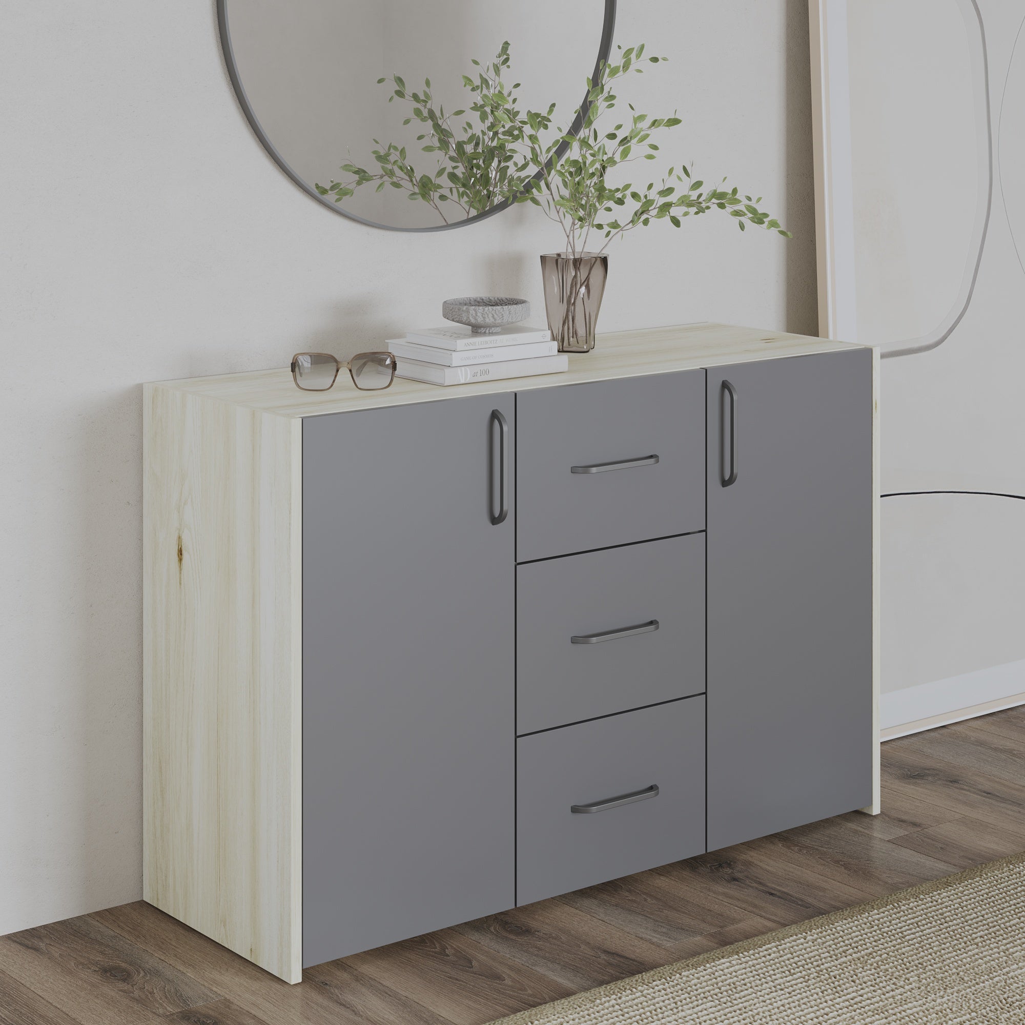 Comoda Malmo, 3 Sertare, 2 Usi, Stejar Alb/Antracit, 120 x 42 x 80 cm