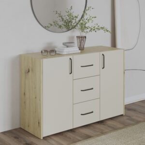 Comoda Malmo, 3 Sertare, 2 Usi, Stejar Artisan/Argila, 120 x 42 x 80 cm