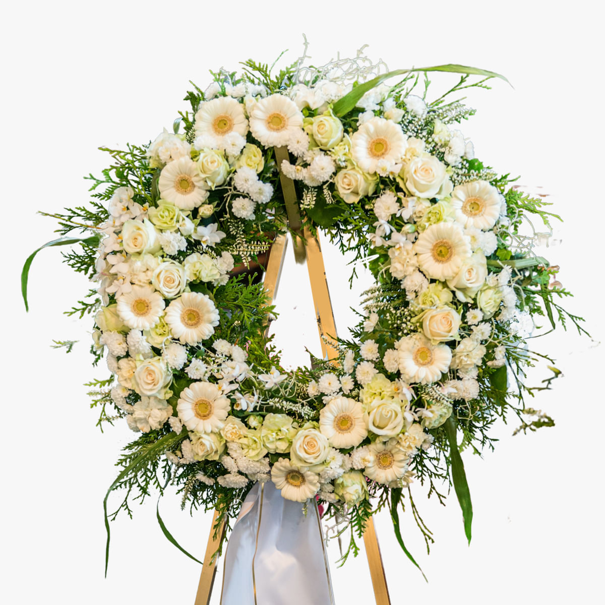 Coroana funerara cu gerbera si trandafiri