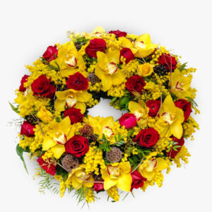 Coroana funerara cu trandafiri si cymbidium