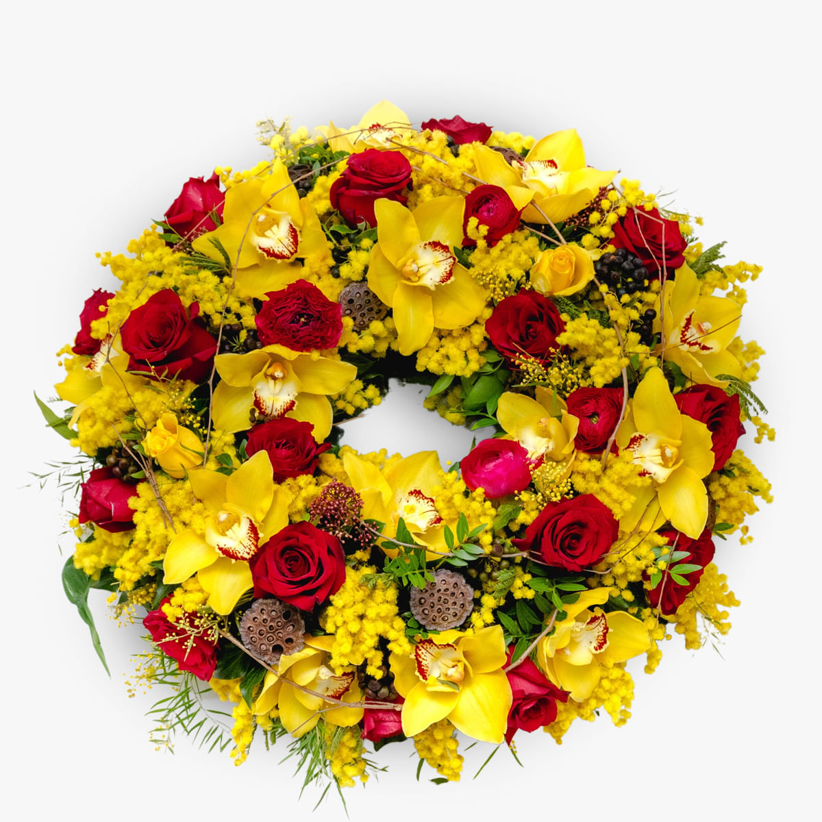 Coroana funerara cu trandafiri si cymbidium