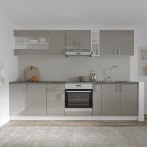 Set Bucatarie Karo V21, Gri Lucios/Alb, MDF, Blat Thermo 28 mm, L 280 cm