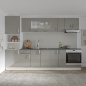 Set Bucatarie Karo V27, Gri Lucios/Alb, MDF, Blat Thermo 28 mm, L 300 cm