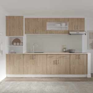 Set Bucatarie Karo V23, Lemn Natural/Alb, Blat Thermo 28 mm, L 280 cm