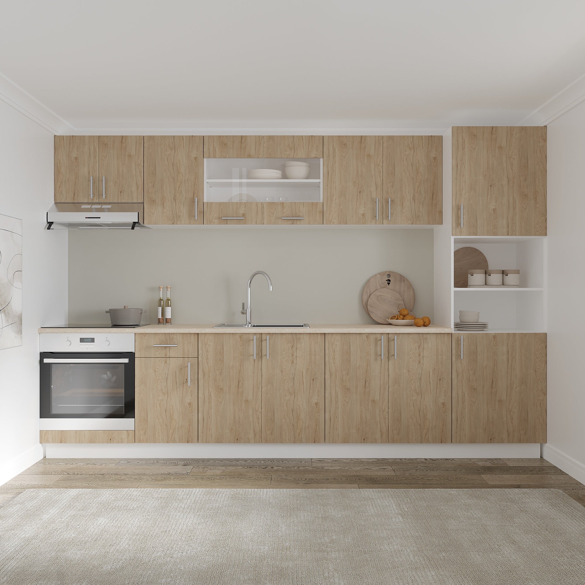 Set Bucatarie Karo V30, Lemn Natural/Alb, Blat Thermo 28 mm, L 320 cm