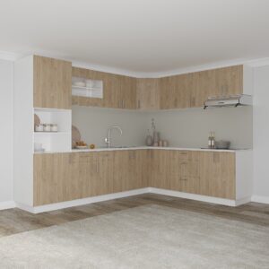 Set Bucatarie Colt Karo V36, Lemn Natural/Alb, Blat Thermo 28 mm, L 280 x 220 cm