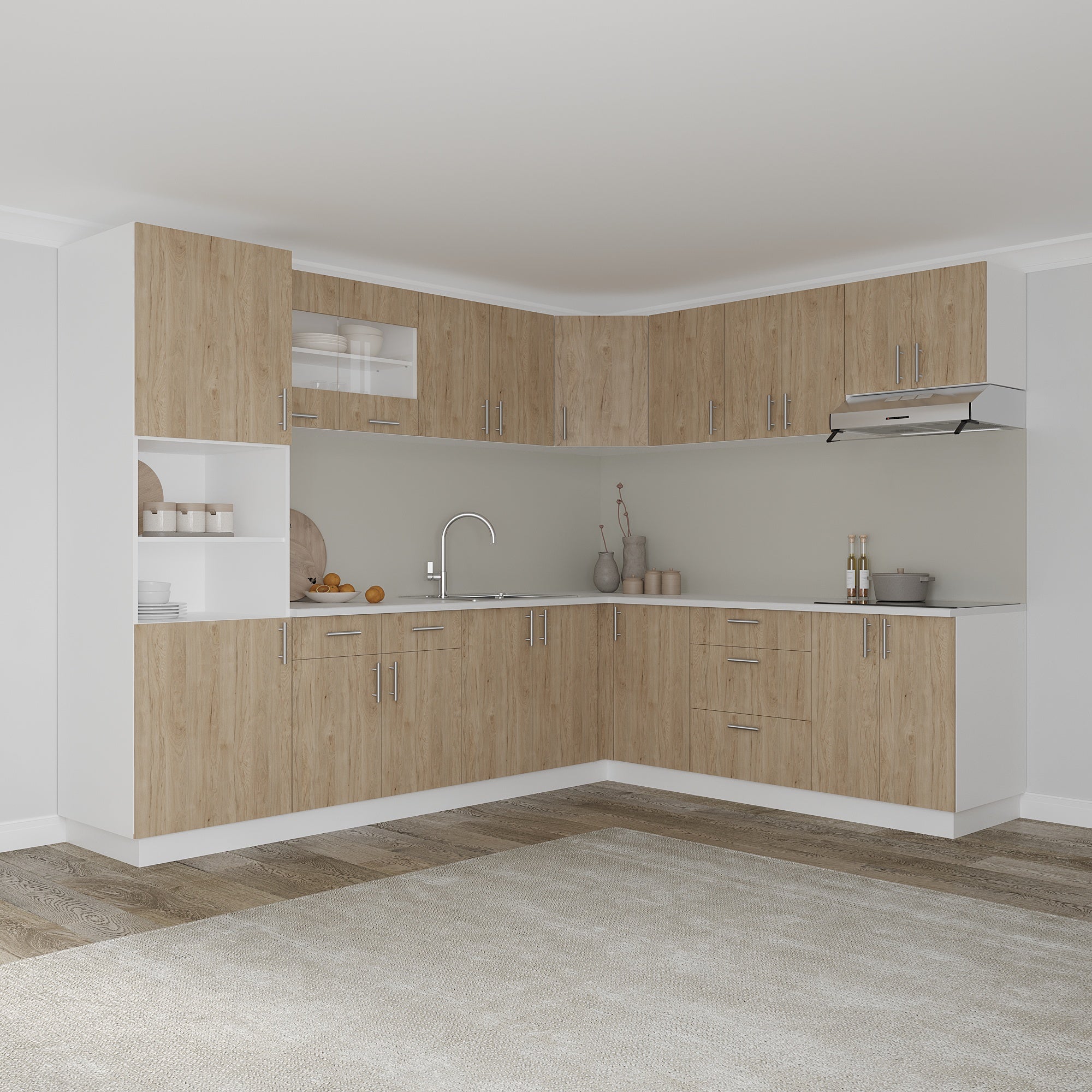 Set Bucatarie Colt Karo V36, Lemn Natural/Alb, Blat Thermo 28 mm, L 280 x 220 cm