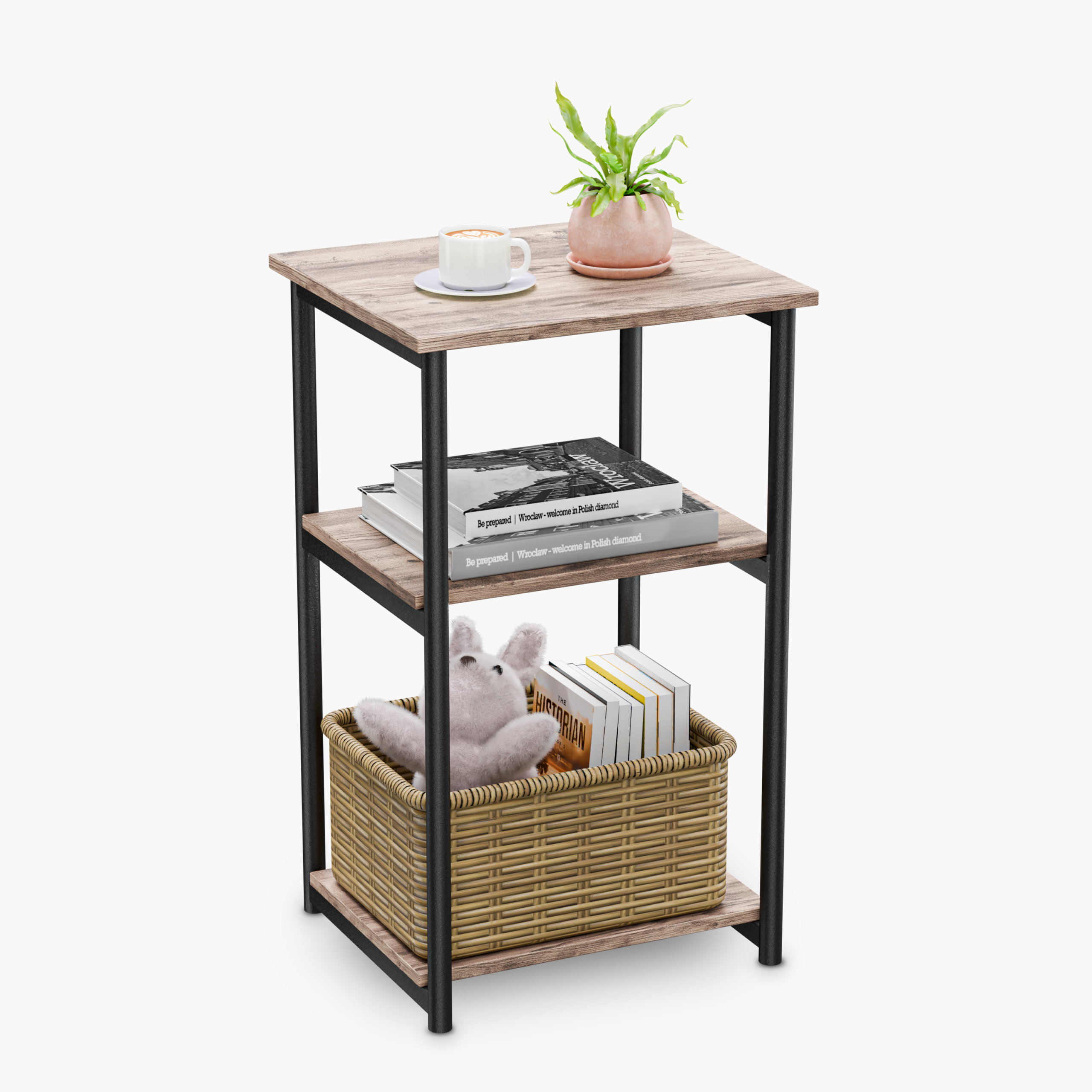 Noptiera cu Rafturi, Doctor Home Earth, 34 x 30 x 58 CM, Cadru Metal - Stejar Gri