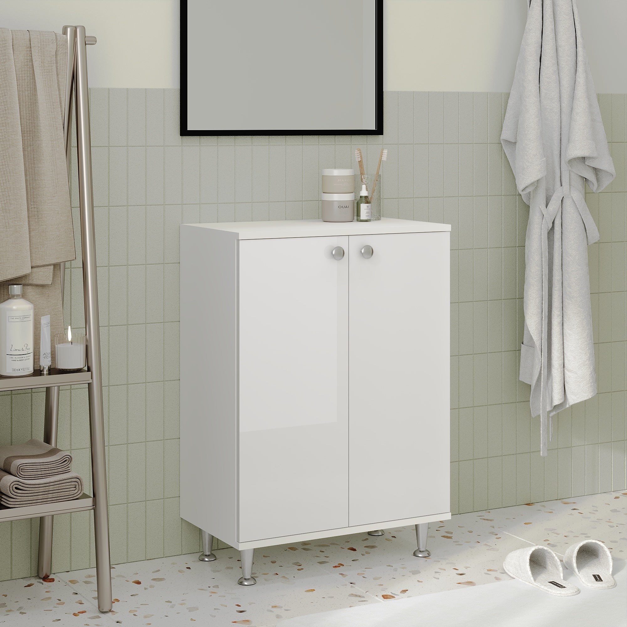 Corp Baie Zaria, 2 Usi, Alb lucios/Alb, MDF, L 60 x l 35 x H 85 cm