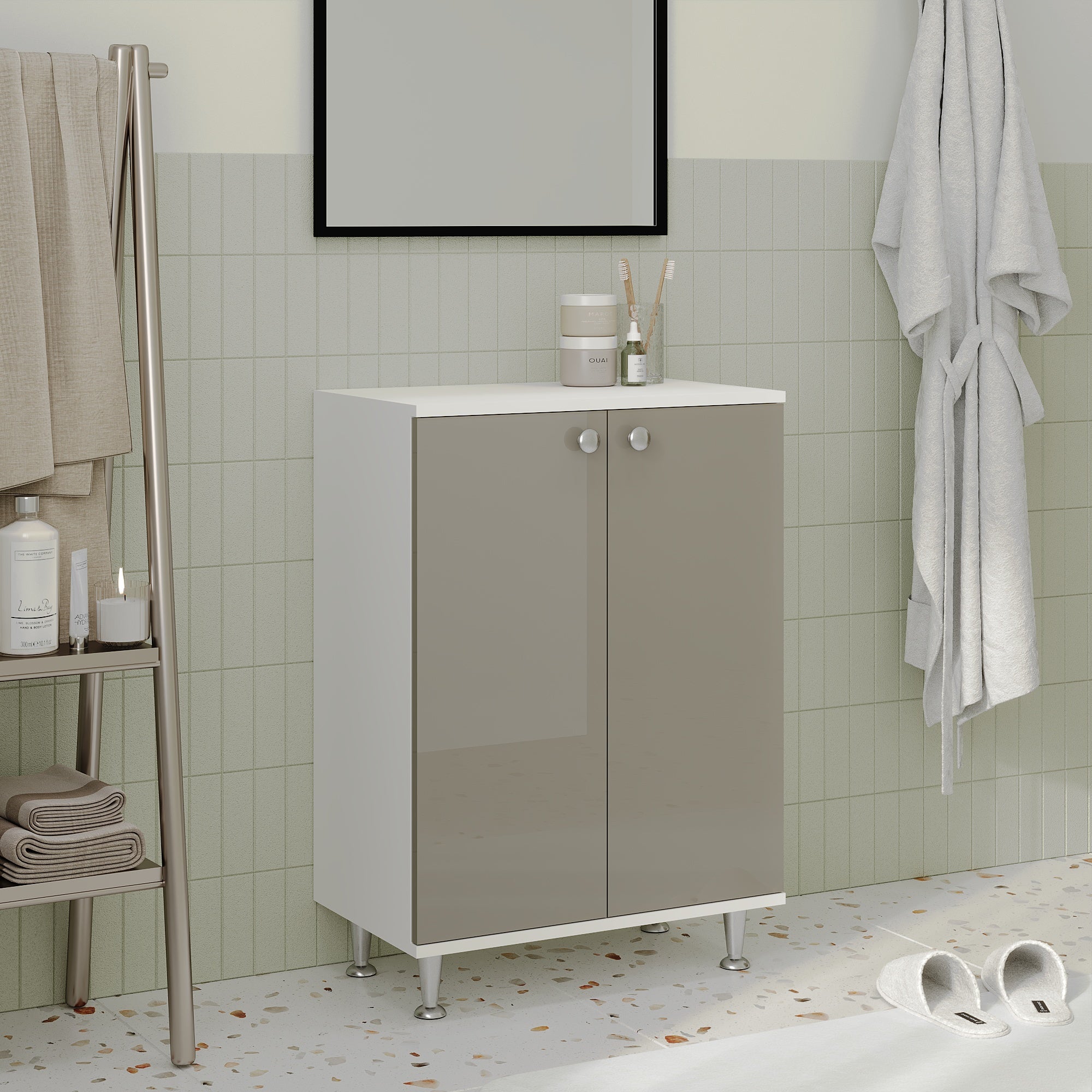 Corp Baie Zaria, 2 Usi, Gri Lucios/Alb, MDF, L 60 x l 35 x H 85 cm