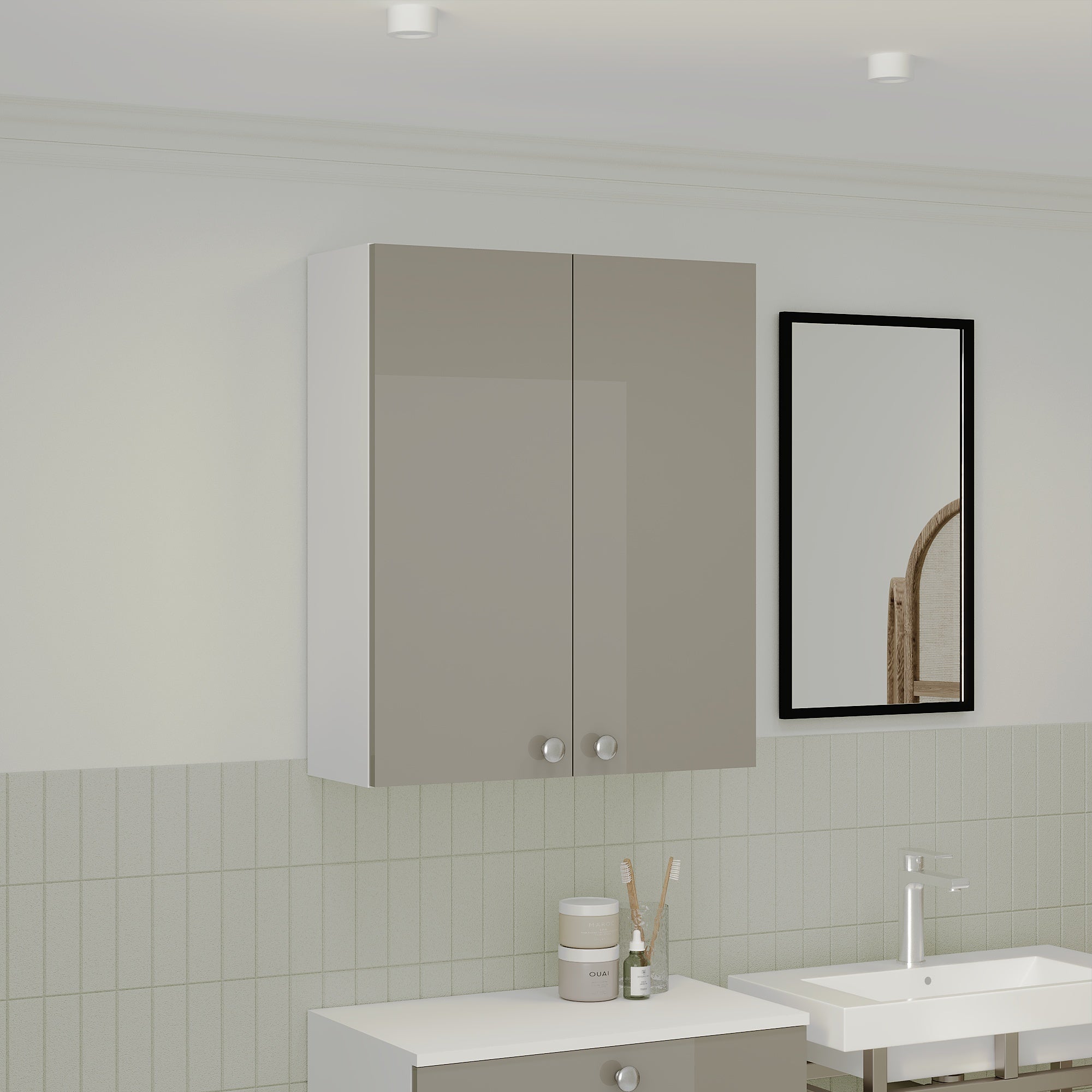 Corp Baie Zaria, Suspendat, 2 Usi, Gri Lucios/Alb, MDF, L 60 x l 22 x H 72 cm