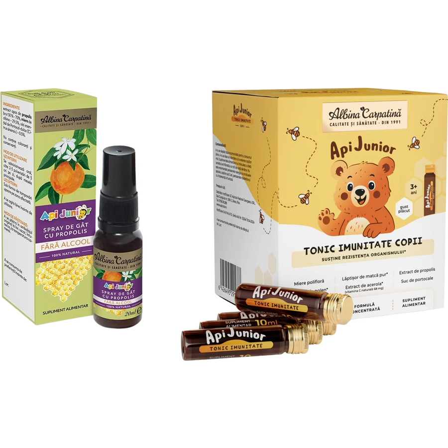 Apijunior Tonic Imunitate pentru Copii 20 fiole x 10ml + Apijunior Spray de Gat cu Propolis fara Alcool 20ml