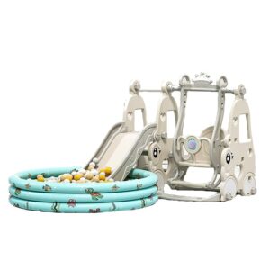 Ansamblu de joaca Kinderplay, pentru copii 1-4 ani, interior exterior, leagan, tobogan, piscina cu bile, cos baschet, gri