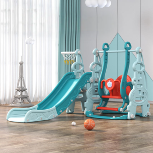 Ansamblu de joaca pentru copii Kinderplay, 4 in 1, cu leagan, tobogan, cos de baschet, mingi, albastru-turquoise