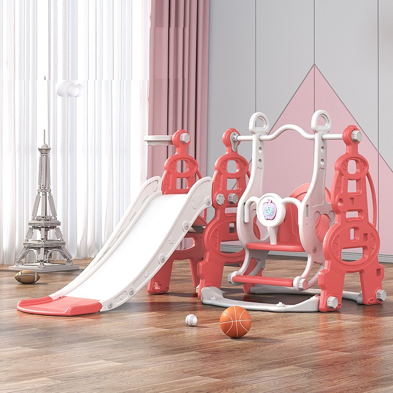 Ansamblu de joaca pentru copii Kinderplay, 4 in 1, cu leagan, tobogan, cos de baschet, mingi, rosu cu alb