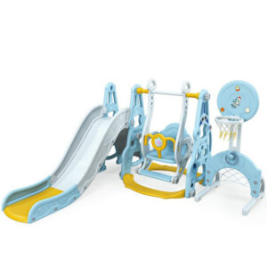 Ansamblu de joaca pentru copii, Kinderplay Astronaut, 5 in 1, tobogan, leagan, cos baschet, poarta fotbal, mingi incluse, albastru