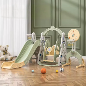 Ansamblu de joaca pentru copii, Kinderplay Astronaut, 5 in 1, tobogan, leagan, cos baschet, poarta fotbal, mingi incluse, verde
