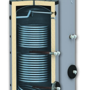 Boiler 2000 litri cu 2 serpentine SUNSYSTEM SON 2000, montaj pe sol, izolatie termica, manta de protectie , flansa de vizitare, emailat cu titan
