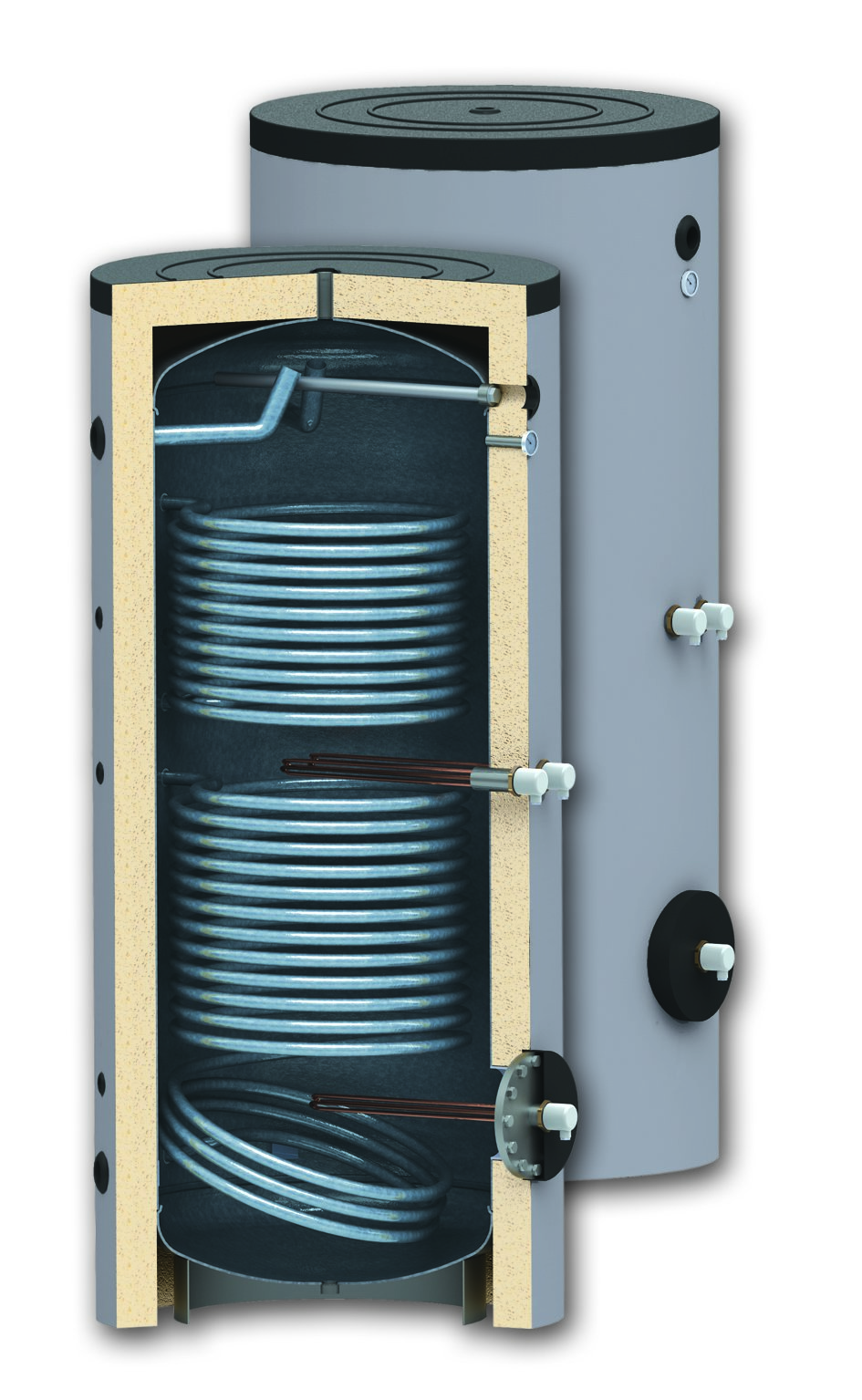 Boiler 2000 litri cu 2 serpentine SUNSYSTEM SON 2000, montaj pe sol, izolatie termica, manta de protectie , flansa de vizitare, emailat cu titan
