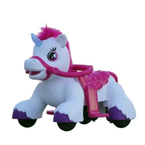 Calut electric interactiv cu roti, Kindeplay Unicorn, pentru copii 3-4 ani, 70W, 12V, roz