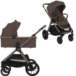 Carucior 2 in 1, Lionelo, Layla, Pana la 22 kg, Cadru aluminiu, Cu landou intarit si salteluta din spuma AirDots, Reversibil, Cu ventilatie 3D, Cu accesorii, EN1888-1-2, EN1466, Maro