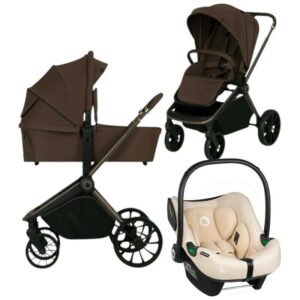 Carucior 3 in 1, Lionelo, Mika Plus, Cu scoica auto Bej testata ADAC, Reversibil, Cu sistem de ventilatie 3D, Cu accesorii, Pana la 22 kg, EN1888-1 EN1888-2 EN1466 ECE R129, Maro
