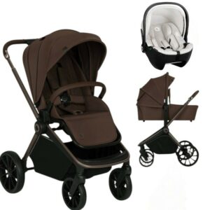 Carucior 3 in 1, Lionelo, Mika Plus, Cu scoica auto Moxie Bej Reversibil, Cu sistem de ventilatie 3D, Cu accesorii, Pana la 22 kg, EN1888-1 EN1888-2 EN1466 ECE R129, Maro