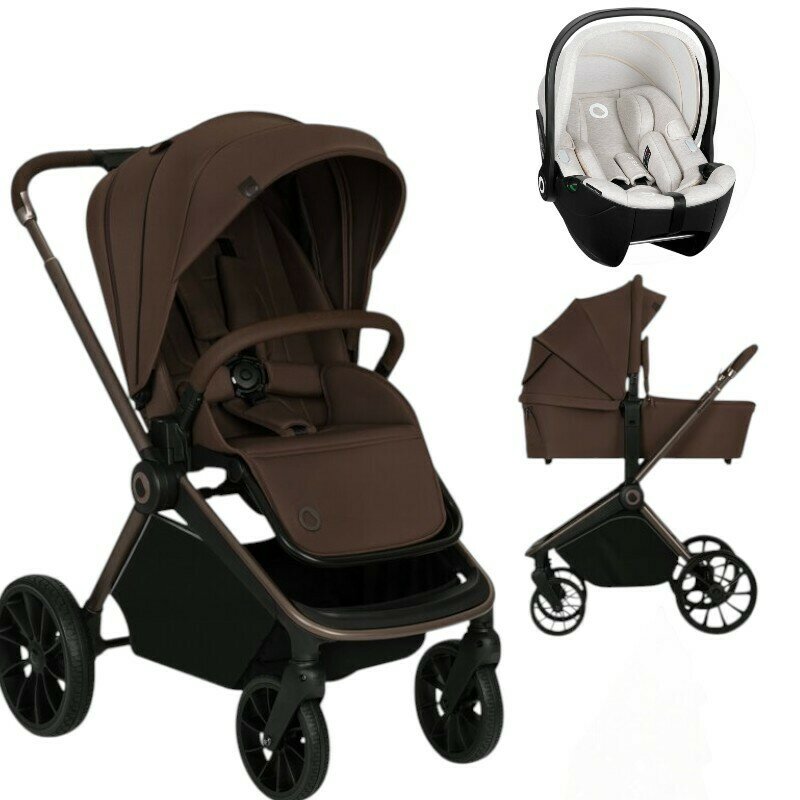 Carucior 3 in 1, Lionelo, Mika Plus, Cu scoica auto Moxie Bej Reversibil, Cu sistem de ventilatie 3D, Cu accesorii, Pana la 22 kg, EN1888-1 EN1888-2 EN1466 ECE R129, Maro