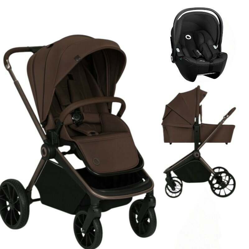 Carucior 3 in 1, Lionelo, Mika Plus, Cu scoica auto Moxie Negru Reversibil, Cu sistem de ventilatie 3D, Cu accesorii, Pana la 22 kg, EN1888-1 EN1888-2 EN1466 ECE R129, Maro