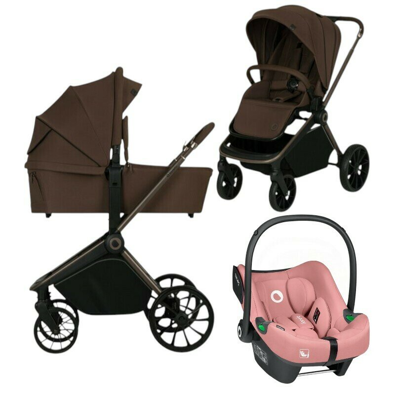 Carucior 3 in 1, Lionelo, Mika Plus, Cu scoica auto Roz testata ADAC, Reversibil, Cu sistem de ventilatie 3D, Cu accesorii, Pana la 22 kg, EN1888-1 EN1888-2 EN1466 ECE R129, Maro