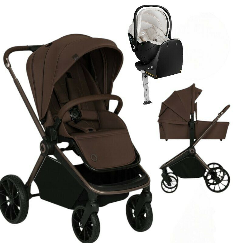 Carucior 4 in 1, Lionelo, Mika Plus, Cu scoica auto Moxie Bej cu baza rotativa 360, Reversibil, Cu sistem de ventilatie 3D, Cu accesorii, Pana la 22 kg, EN1888-1 EN1888-2 EN1466 ECE R129, Maro