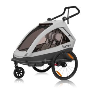 Carucior si remorca de bicicleta, Lionelo, Cama, Multifunctional, Pentru 1 sau 2 copii, Cu sistem de absorbtie a socurilor SIQ, Geamuri cu protectie solara, Gri, Resigilat