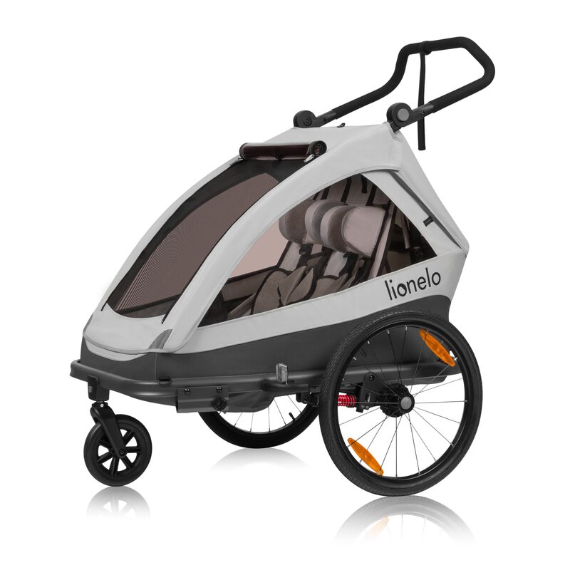 Carucior si remorca de bicicleta, Lionelo, Cama, Multifunctional, Pentru 1 sau 2 copii, Cu sistem de absorbtie a socurilor SIQ, Geamuri cu protectie solara, Gri, Resigilat