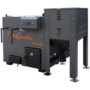 Centrala pe peleti Fornello Eco Energy 100 kW, echipata cu automatizare, afisaj digital, arzator fonta, curatare mecania a drumurilor de fum, buncar peleti integrat 350 kg