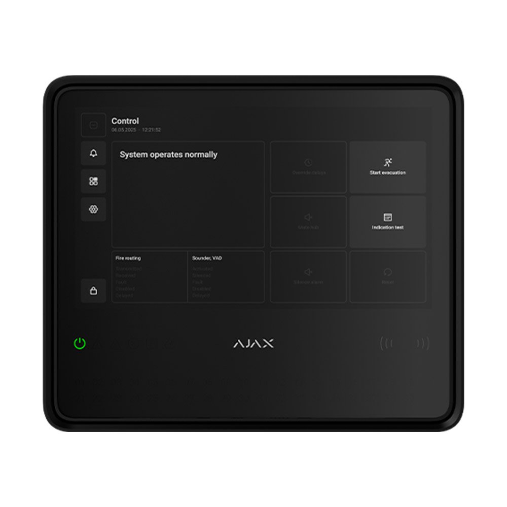 Centrala antiincendiu wireless adresabila Ajax Fire Hub EN 54, grad 2, WiFi, 2G/4G LTE, 868.0 - 922.0 MHz, touch screen 10.1 inch, 40 zone, sirena 60dB, negru