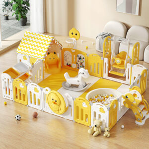 Centru de joaca pentru copii Kinderplay Duck Deluxe, tarc modular cu tobogan, leagan, piscina cu bile si multiple activitati, galben-alb