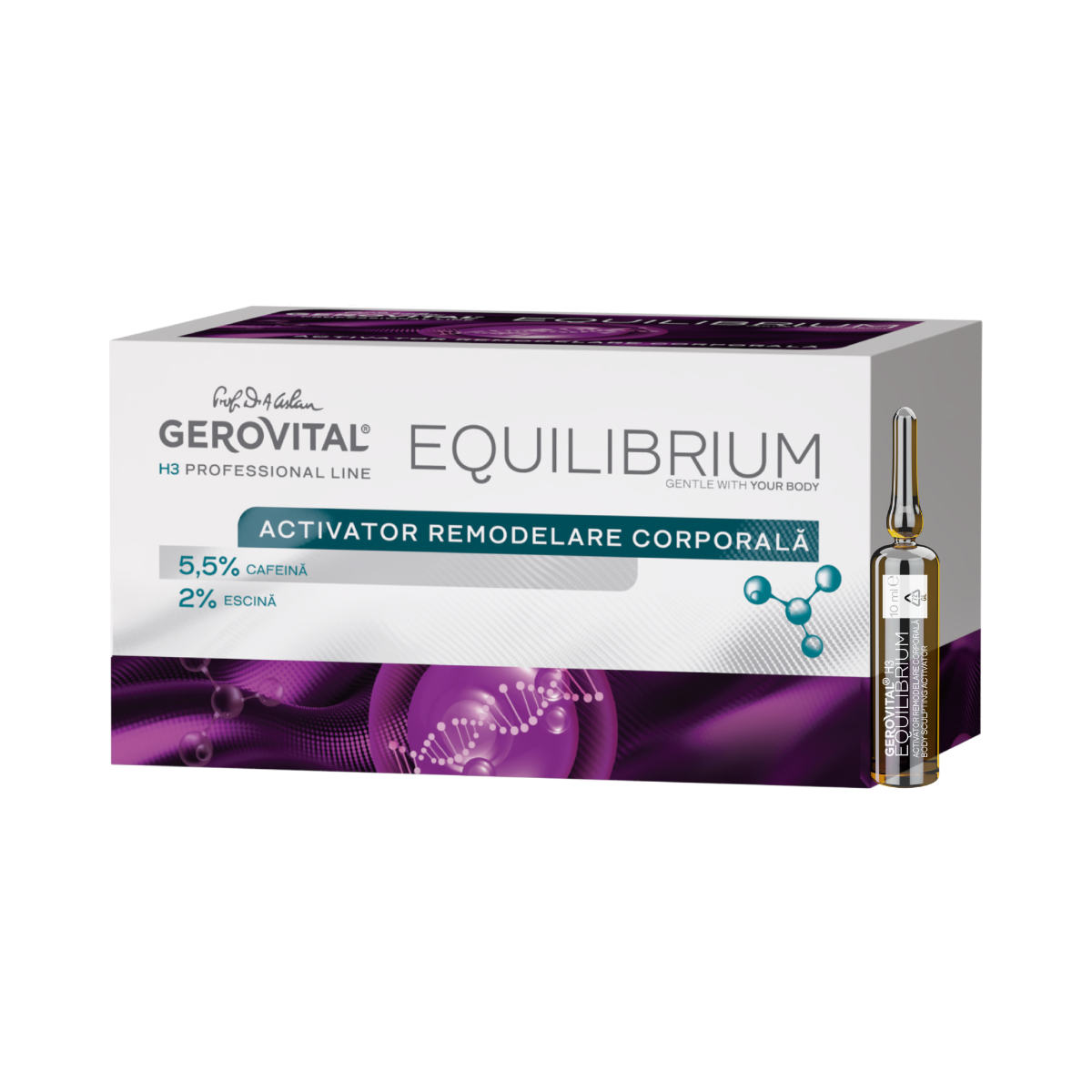 Fiole Activator Remodelare Corporală Pentru Elasticitatea Pielii și Combaterea Celulitei, Cu Cafeină 5,5% și Escină, Gerovital H3 Equilibrium, 20 Fiole X 10 Ml