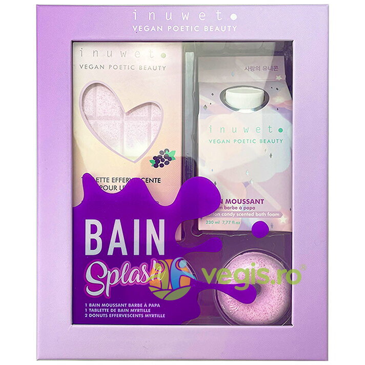 Set Cadou Blueberry Splash Bath: Spuma de Baie 230ml + Tableta pentru Baie Efervescenta 230g + Mini Gogosi Efervescente 2x30g + Cutie Cadou Gourmet
