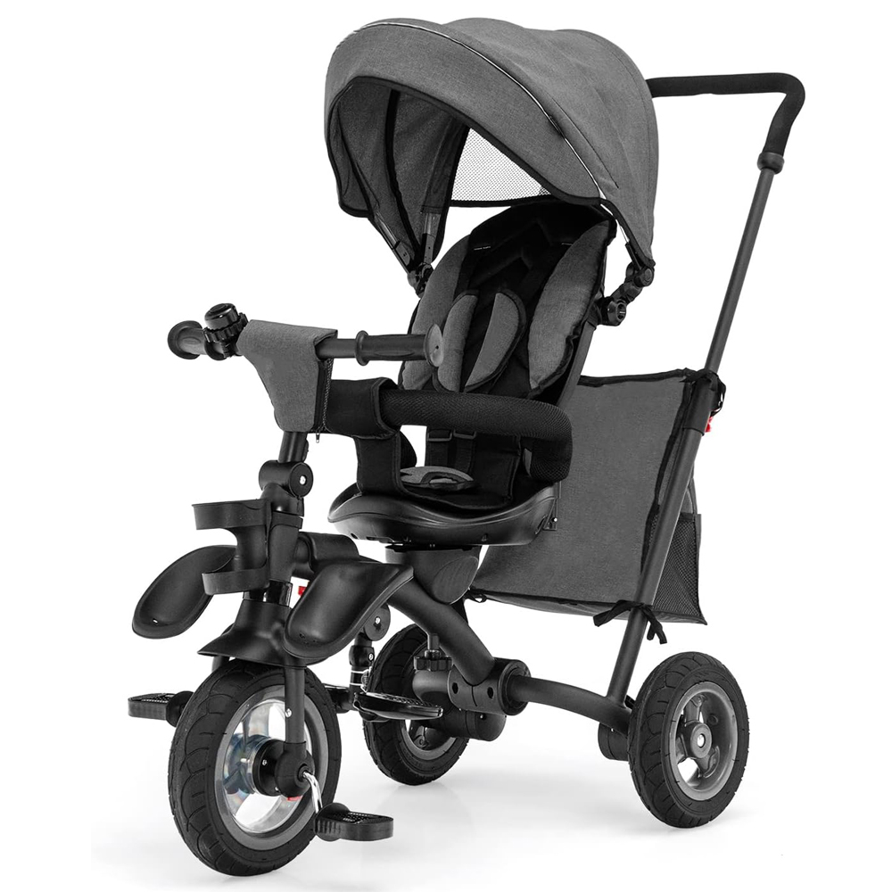 Kinderplay Baby, carucior, tricicleta multifunctionala pentru copii intre 1 si 5 ani, pliabila si reglabila, roti moi, gri