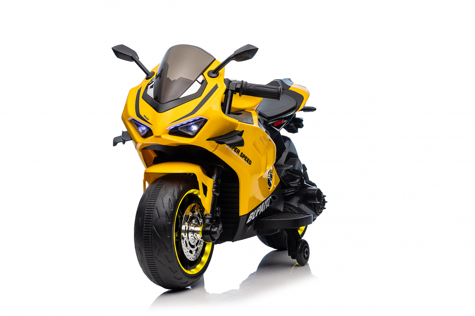 Motocicleta electrica pentru copii, Kinderauto BDQ888 70W 12V cu roti moi, Bluetooth, galbena