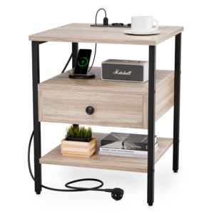 Noptiera cu Sertar, Doctor Home Earth Evo, 40 x 40 x 50 CM, 2 Prize si 2 X USB, Cadru Metal – Stejar Gri