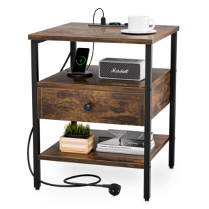 Noptiera cu Sertar, Doctor Home Earth Evo, 40 x 40 x 50 CM, 2 Prize si 2 X USB, Cadru Metal – Maro Rustic