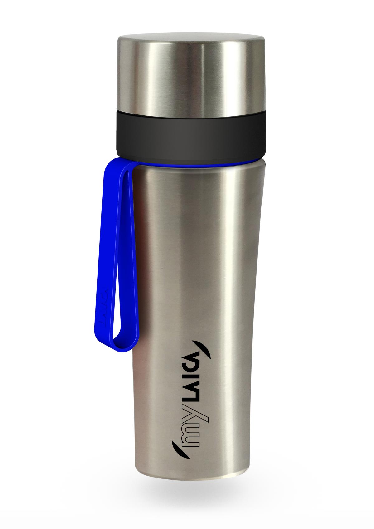 Sticlă filtrantă Sport myLaica, Inox, 0,55 litri, portabilă, Albastru, filtru Fast Disk