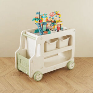 Organizator de jucarii Kinderplay tip autobuz, multifunctional, placa suport pentru piese lego, accesorii incluse, verde