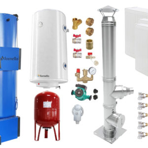 Pachet Cazan (centrala) pe ccombustibil solid tip lumanare Fornello Turbo 35 kW, Cos Inox, Radiatoare Otel, Boiler, Vas Expansiune, Pompa, Fitinguri Montaj