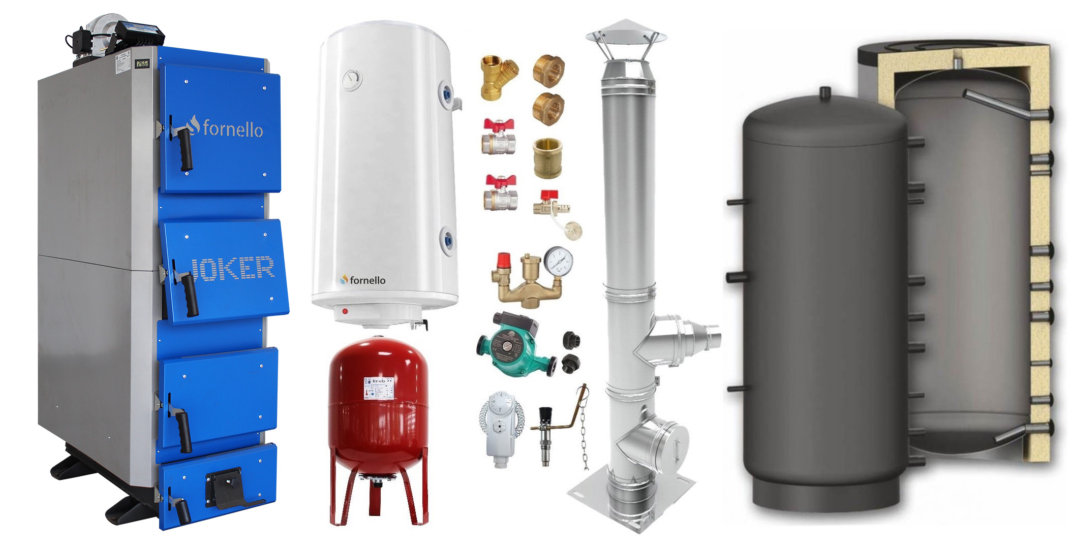 Pachet Cazan (centrala) pe combustibil solid, (lemn, carbune), Fornello Joker 42 kW, Puffer 1000 litri, Cos Inox, Boiler, Vas Expansiune, Pompa, Fitinguri Montaj