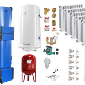 Pachet Cazan (centrala) pe combustibil solid, tip lumanare Fornello Turbo 50 kW, Calorifere Aluminiu Fornello Alvo, Boiler, Vas Expansiune, Pompa, Fitinguri Montaj