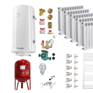 Pachet Cazan (centrala) pe combustibil solid tip lumanare Fornello Turbo 25 kW, Cos Inox, Calorifere Aluminiu Fornello Alvo, Boiler, Vas Expansiune, Pompa, Fitinguri Montaj