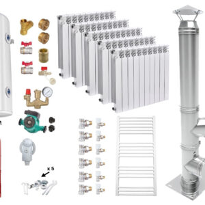 Pachet Cazan (centrala) pe combustibil solid tip lumanare Fornello Turbo 25 kW, Puffer 800 litri, Cos Inox, Calorifere Aluminiu Fornello Alvo, Boiler, Vas Expansiune, Pompa, Fitinguri Montaj