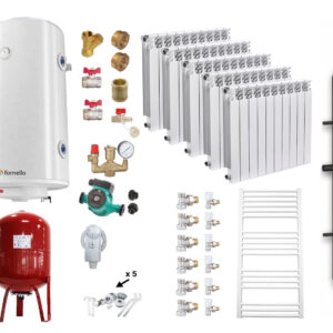 Pachet Cazan (centrala) pe combustibil solid tip lumanare Fornello Turbo 35 kW, Puffer 800 litri, Calorifere Aluminiu Fornello Alvo, Boiler, Vas Expansiune, Pompa, Fitinguri Montaj